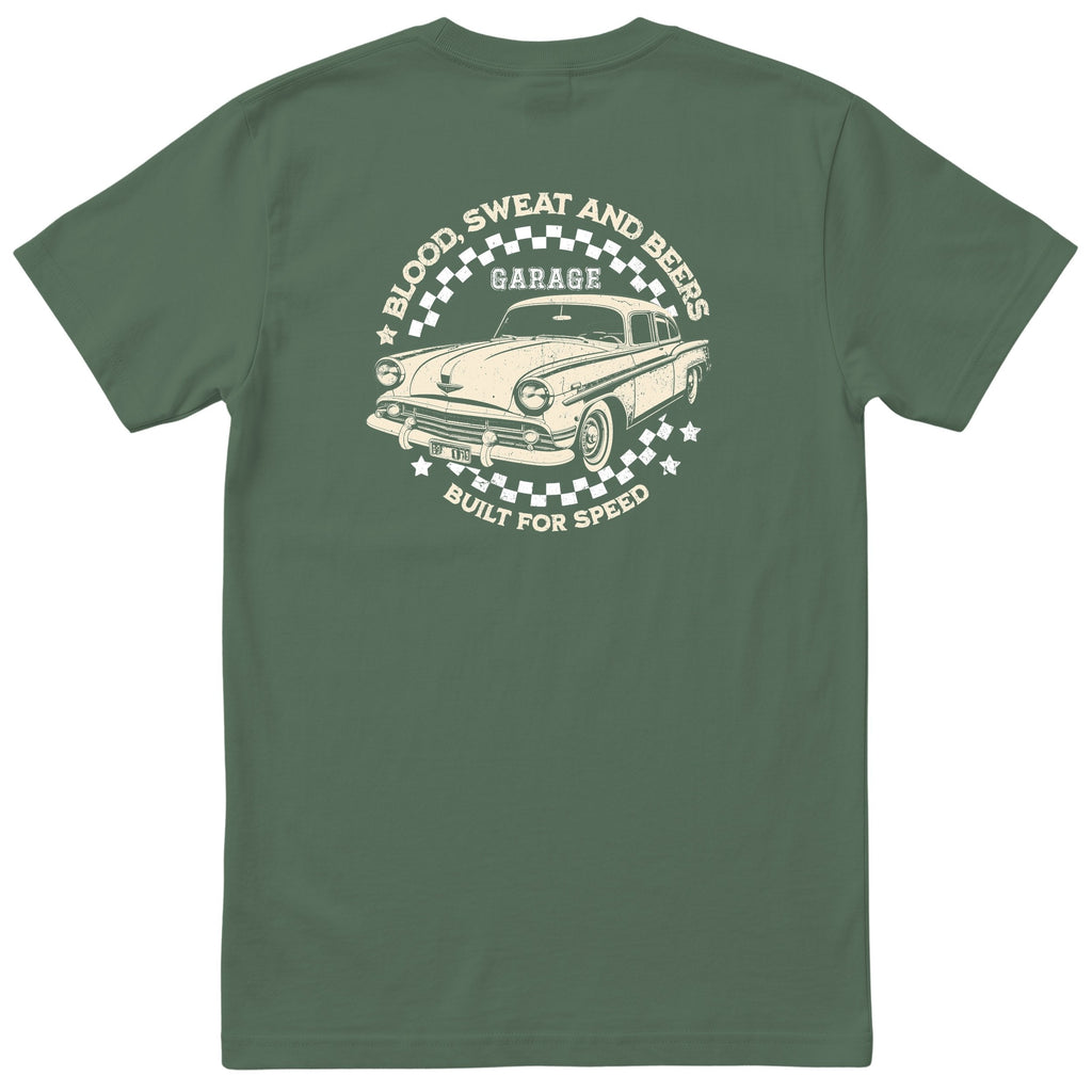 Built for Speed garage tee olive back