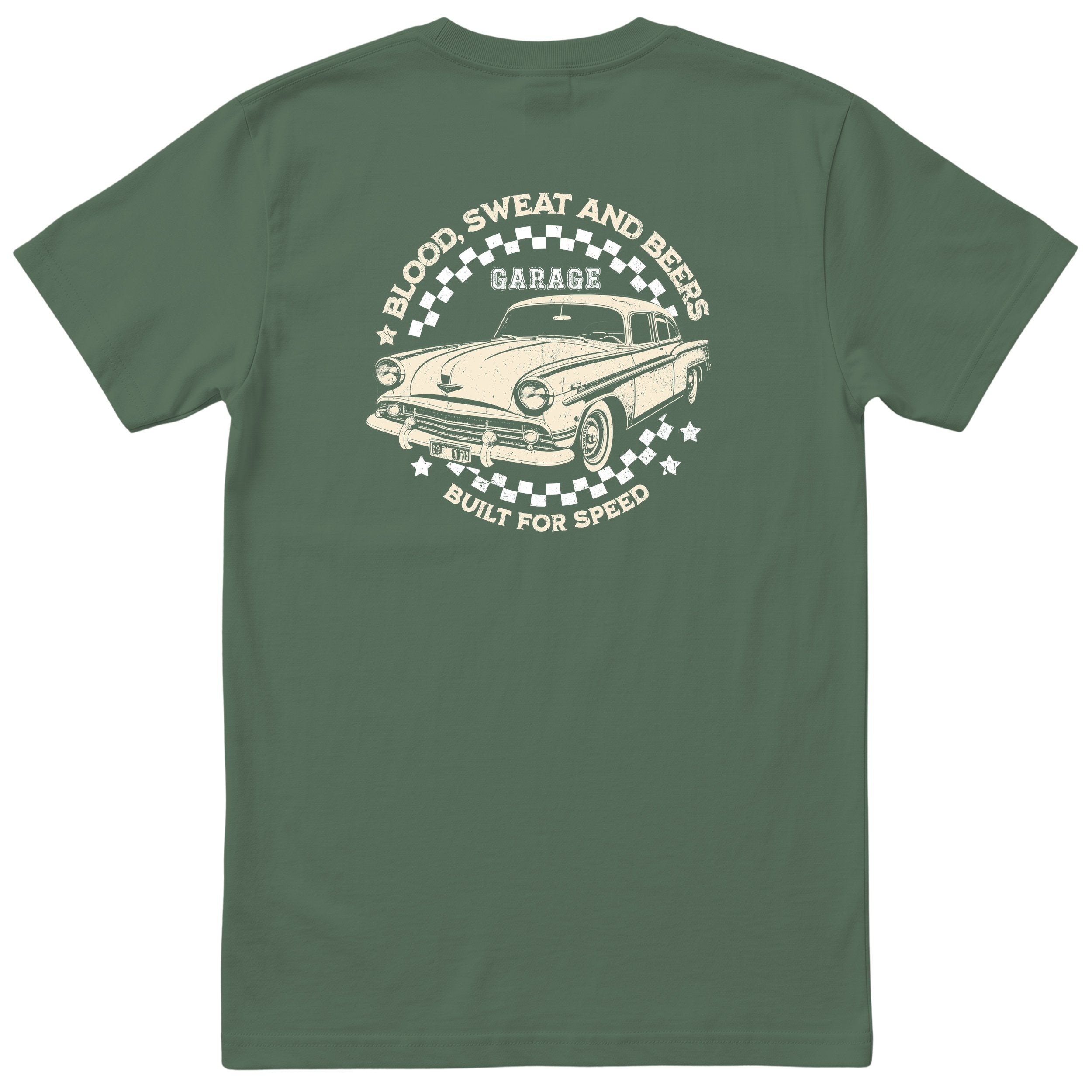 Built for Speed garage tee olive back