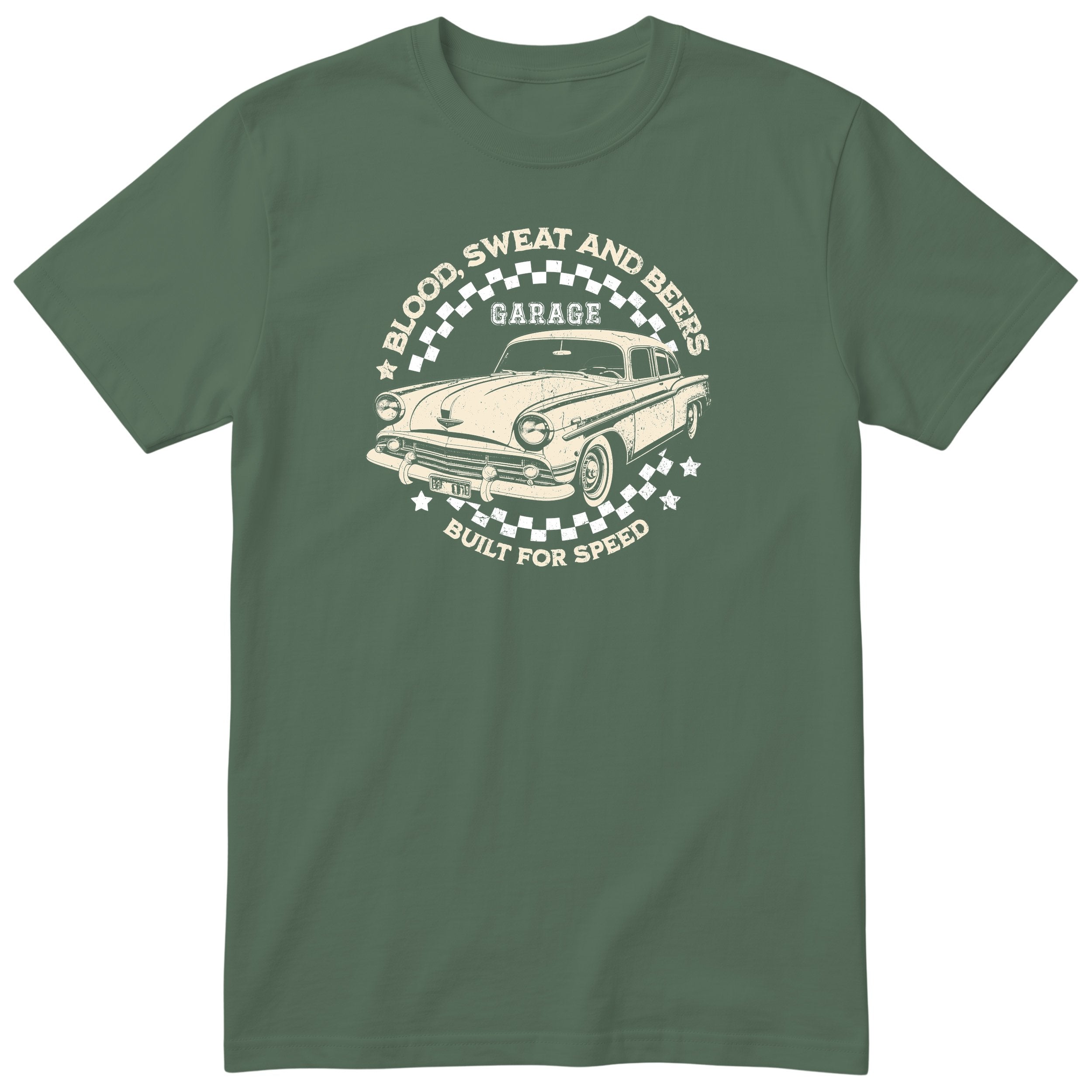 Built for Speed garage tee olive front