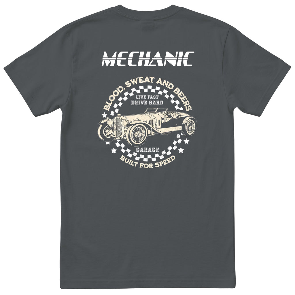 Mechanic Live Fast Drive Hard tee charcoal back