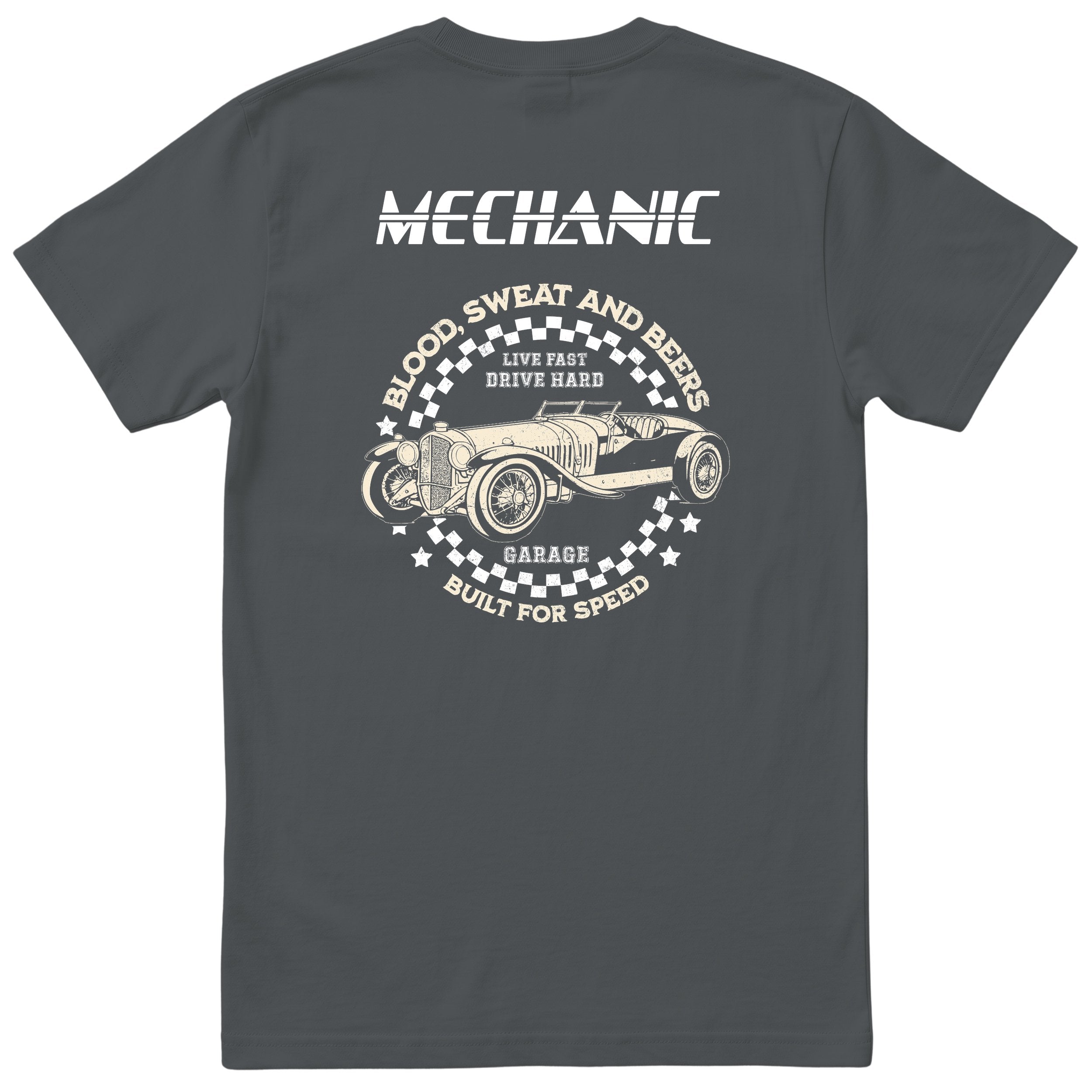 Mechanic Live Fast Drive Hard tee charcoal back