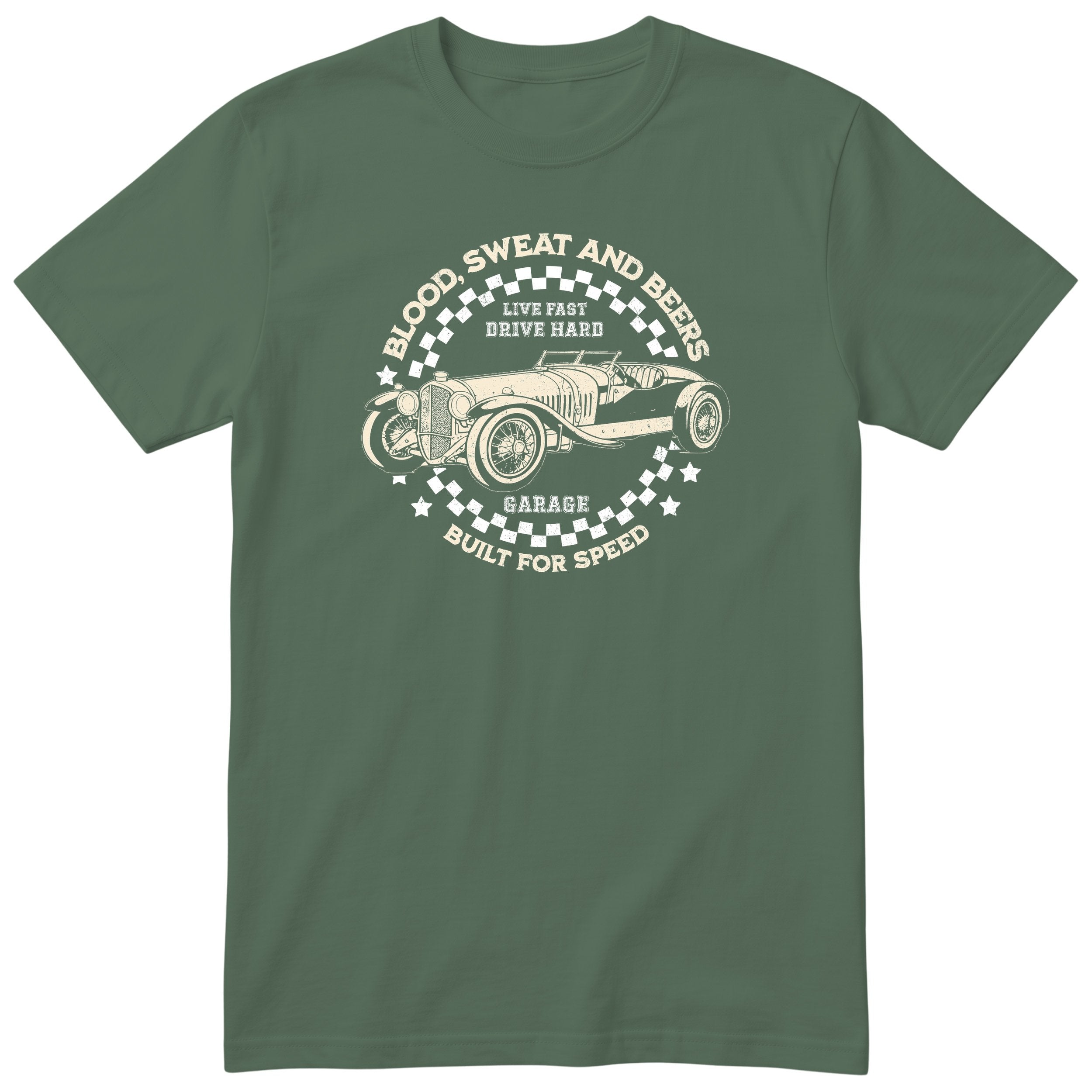Live Fast Drive Hard garage tee olive front