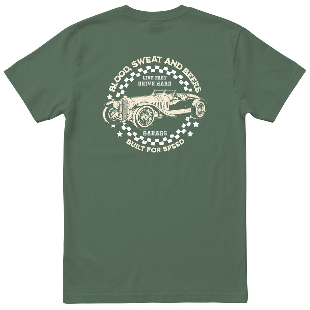 Live Fast Drive Hard garage tee olive back