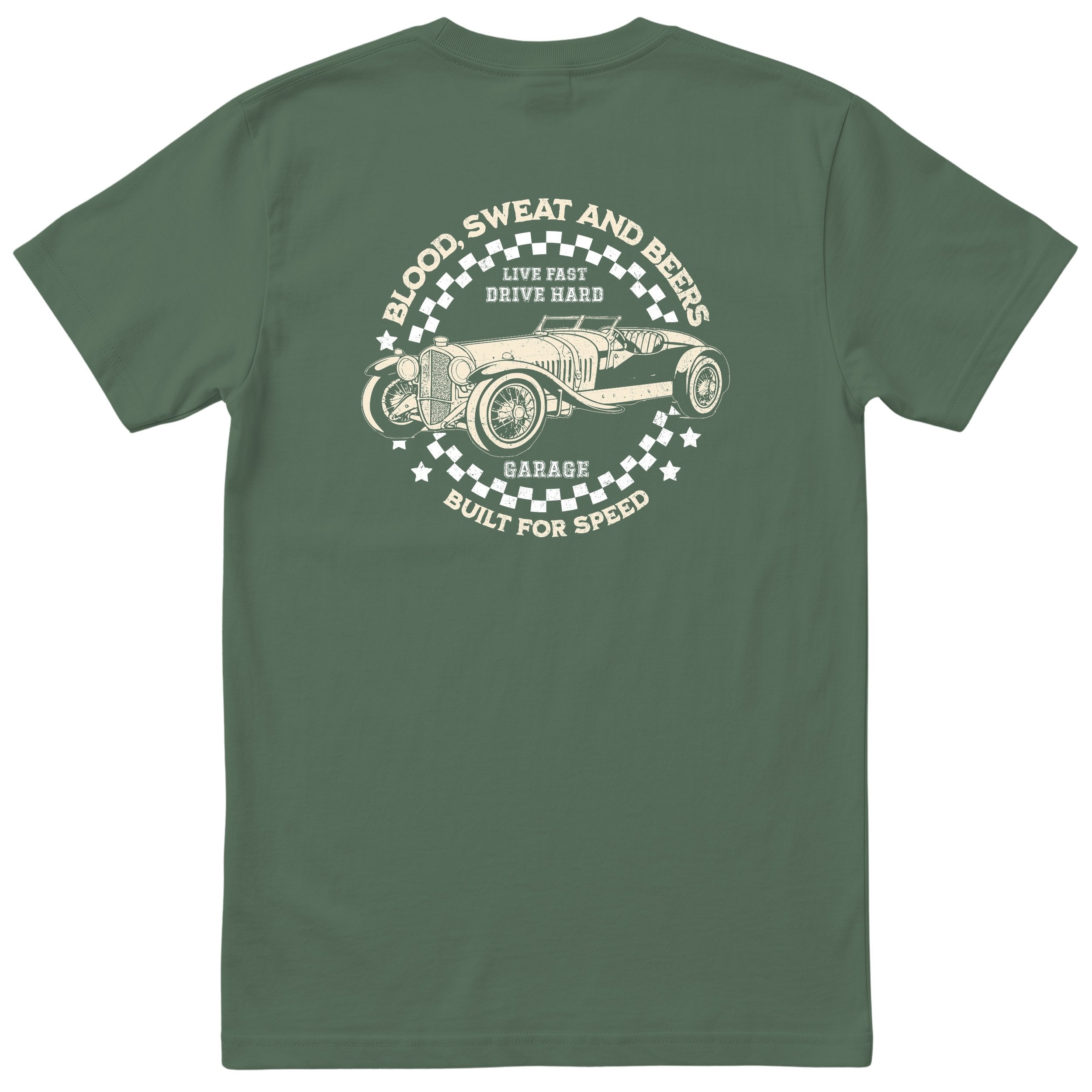 Live Fast Drive Hard garage tee olive back