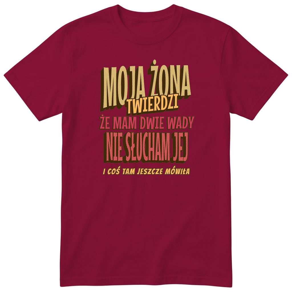 Bordowy koszulka „MOJA ŻONA TWIERDZI ŻE MAM DWIE WADY” - retro złoty nadruk vintage, elegancki prezent na rocznicę