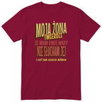 Bordowy koszulka „MOJA ŻONA TWIERDZI ŻE MAM DWIE WADY” - retro złoty nadruk vintage, elegancki prezent na rocznicę