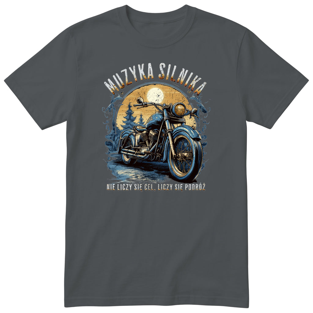 Grafitowa koszulka motocyklowa „Muzyka Silnika” - niebieski motocykl vintage na leśnej drodze pod pełnią księżyca, polski nadruk