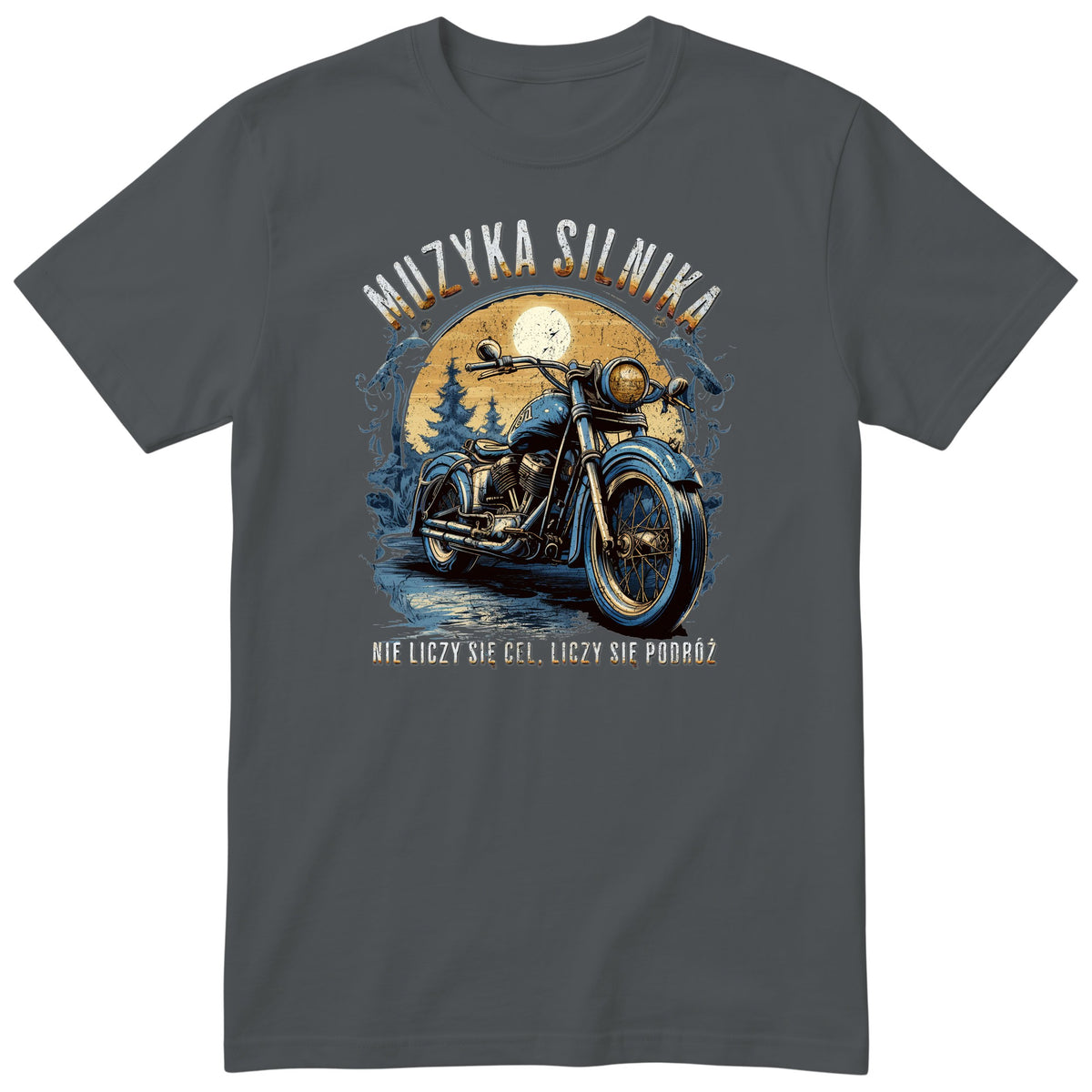Grafitowa koszulka motocyklowa „Muzyka Silnika” - niebieski motocykl vintage na leśnej drodze pod pełnią księżyca, polski nadruk
