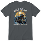Charcoal Ride or Die motorcycle t-shirt - blue vintage motorcycle on a wet forest road under a full moon, gift for a biker