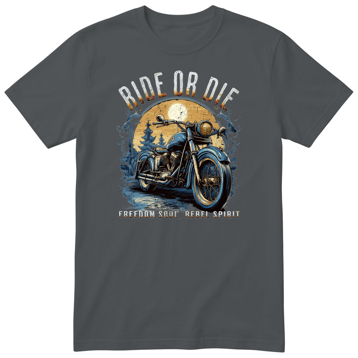 Charcoal Ride or Die motorcycle t-shirt - blue vintage motorcycle on a wet forest road under a full moon, gift for a biker