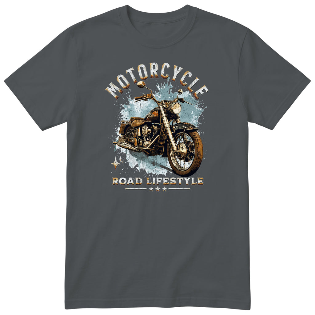 Charcoal Motorcycle Road Lifestyle Freedom motorcycle t-shirt - side view of a vintage motorcycle on an ice-blue splash with sparkles, gift for a biker