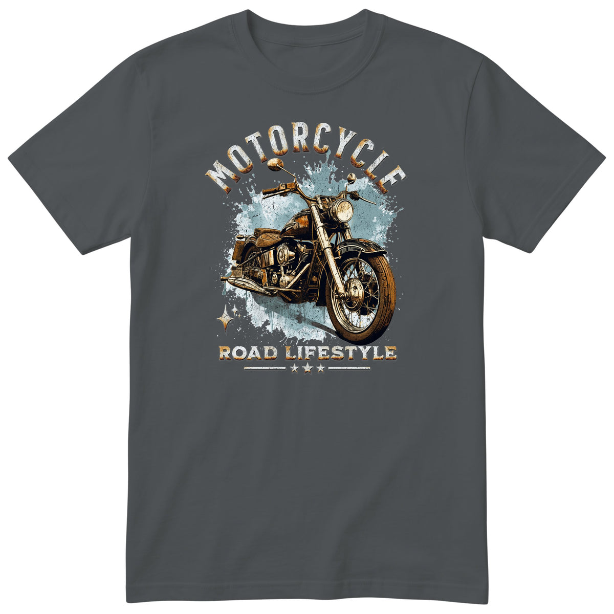 Charcoal Motorcycle Road Lifestyle Freedom motorcycle t-shirt - side view of a vintage motorcycle on an ice-blue splash with sparkles, gift for a biker