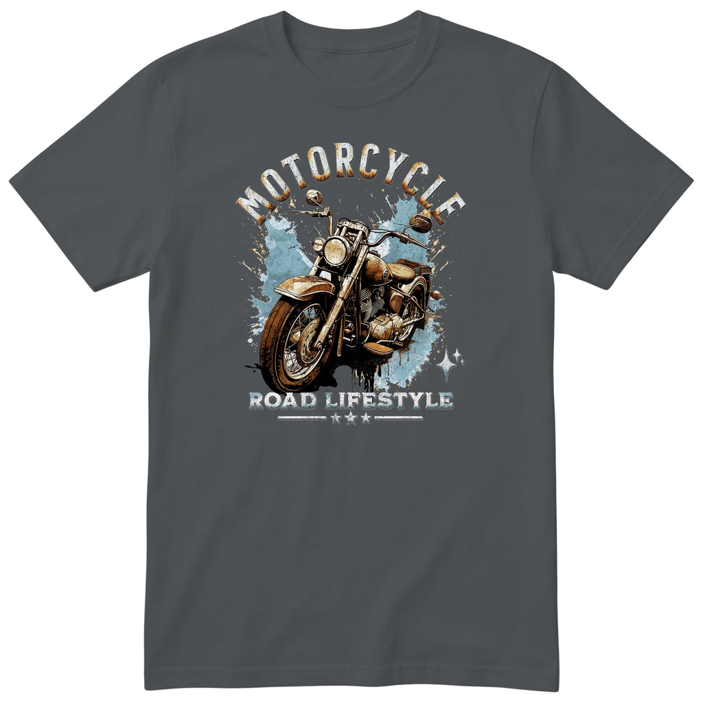 Charcoal Motorcycle Road Lifestyle Iron Horse motorcycle t-shirt - front view of a rusty brown motorcycle on a light blue paint splash, gift for a biker