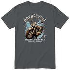 Charcoal Motorcycle Road Lifestyle Iron Horse motorcycle t-shirt - front view of a rusty brown motorcycle on a light blue paint splash, gift for a biker
