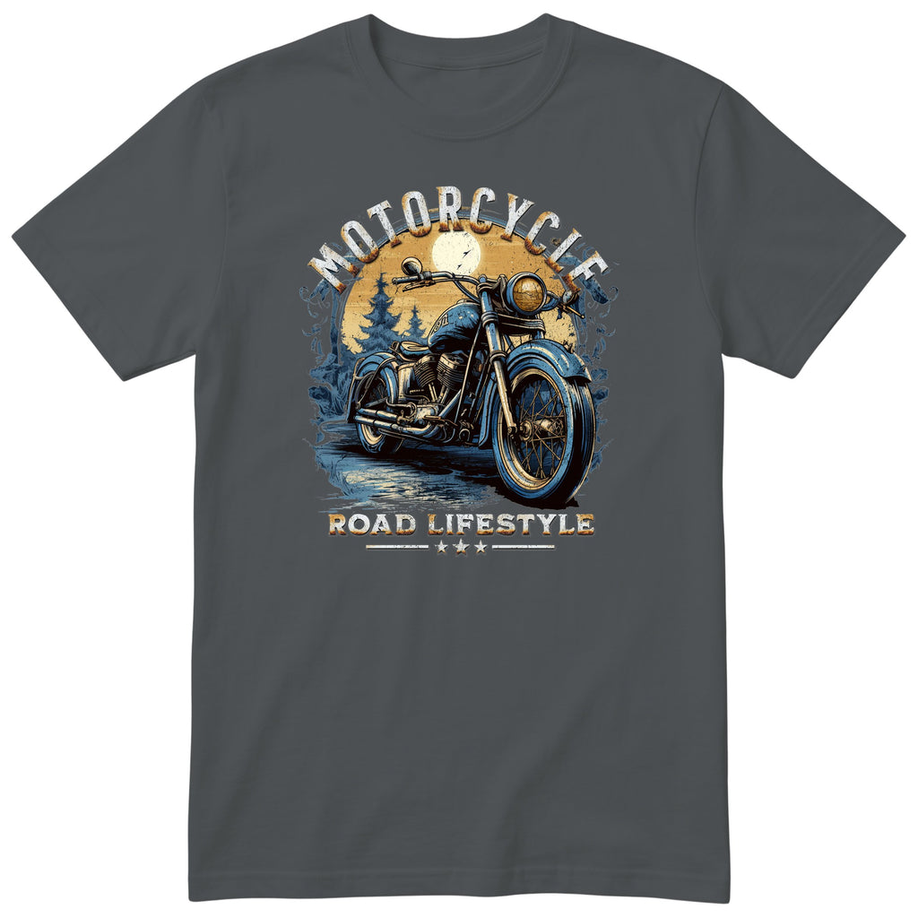 Charcoal Motorcycle Road Lifestyle Moonlight motorcycle t-shirt - blue vintage motorcycle under the moon in a dark pine forest, gift for a biker