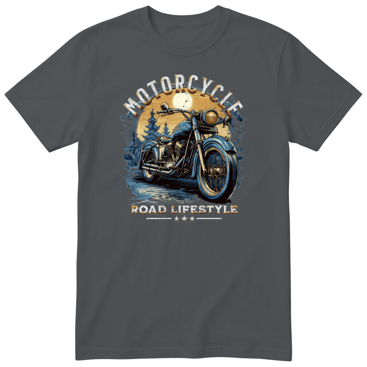 Charcoal Motorcycle Road Lifestyle Moonlight motorcycle t-shirt - blue vintage motorcycle under the moon in a dark pine forest, gift for a biker