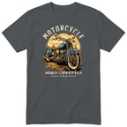 Charcoal Motorcycle Road Lifestyle Sunset motorcycle t-shirt - vintage motorcycle on a forest dirt road at golden sunset, gift for a biker