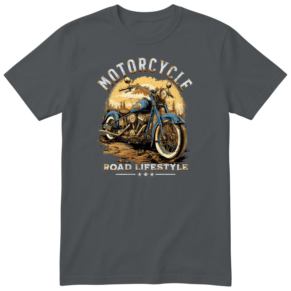 Charcoal Motorcycle Road Lifestyle Sunset motorcycle t-shirt - vintage motorcycle on a forest dirt road at golden sunset, gift for a biker