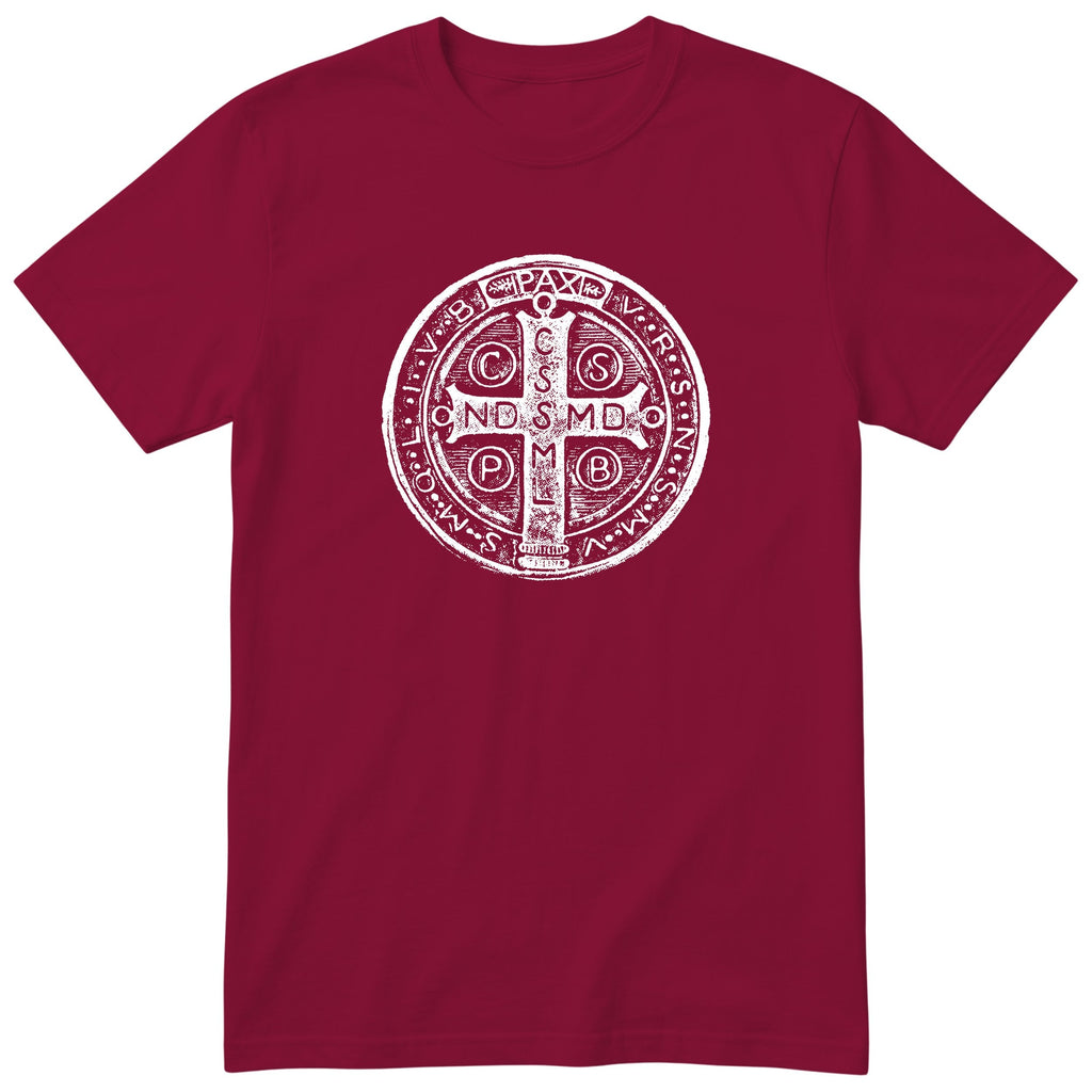 Saint Benedict Medal T-Shirt - Catholic Faith Gift - Burgundy