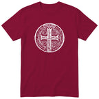Saint Benedict Medal T-Shirt - Catholic Faith Gift - Burgundy