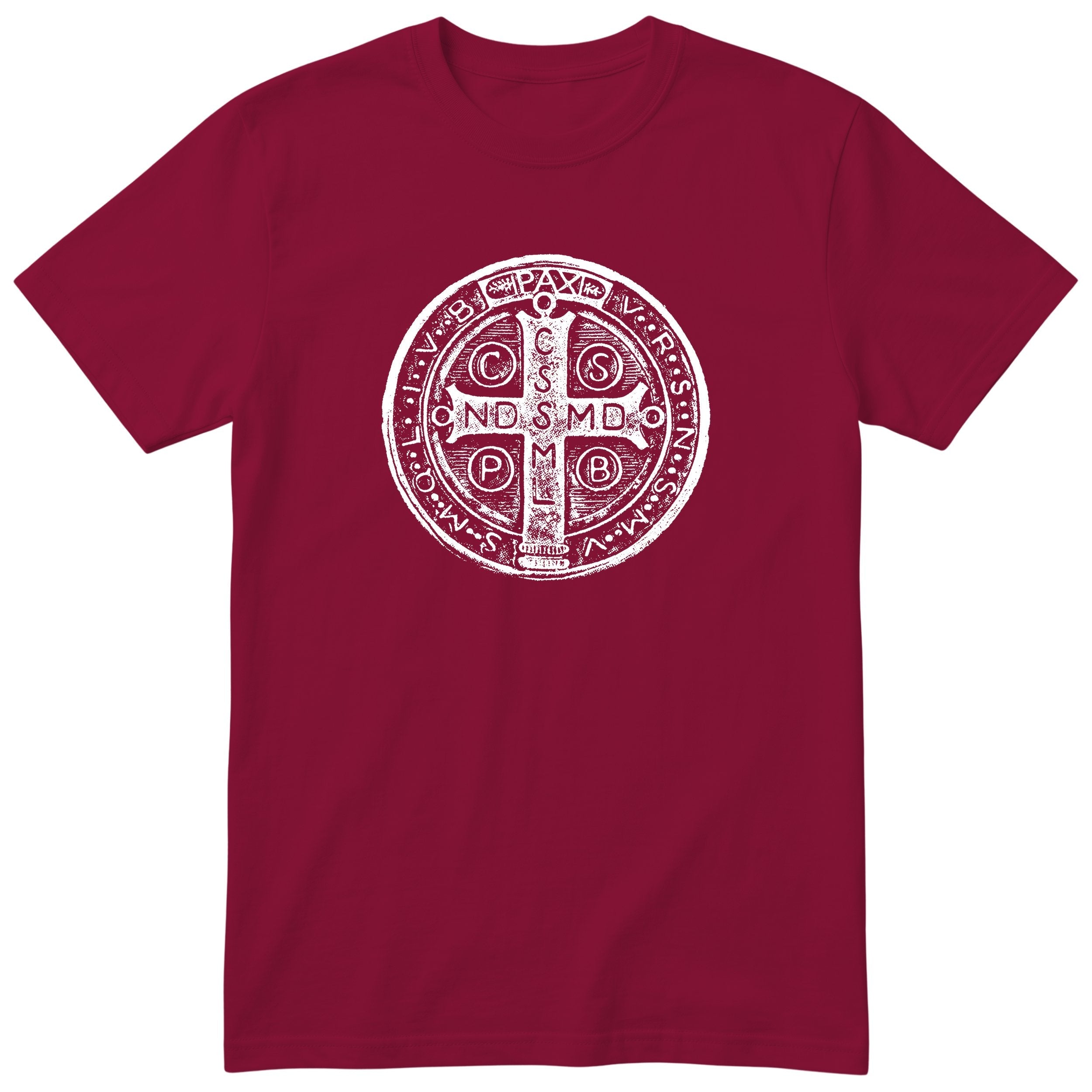 Saint Benedict Medal T-Shirt - Catholic Faith Gift - Burgundy