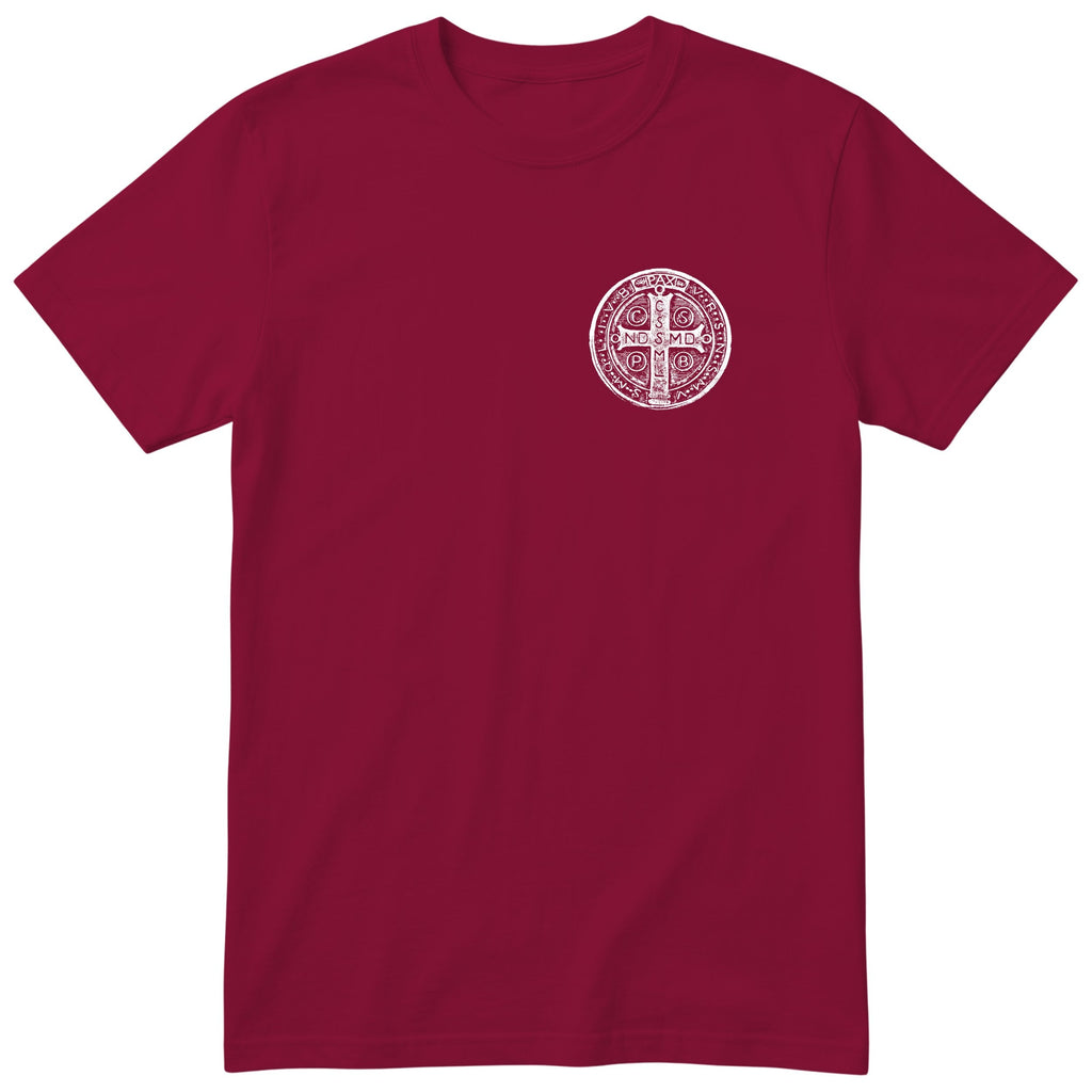 Saint Benedict Medal T-Shirt - Catholic Faith Tee Unisex - Burgundy