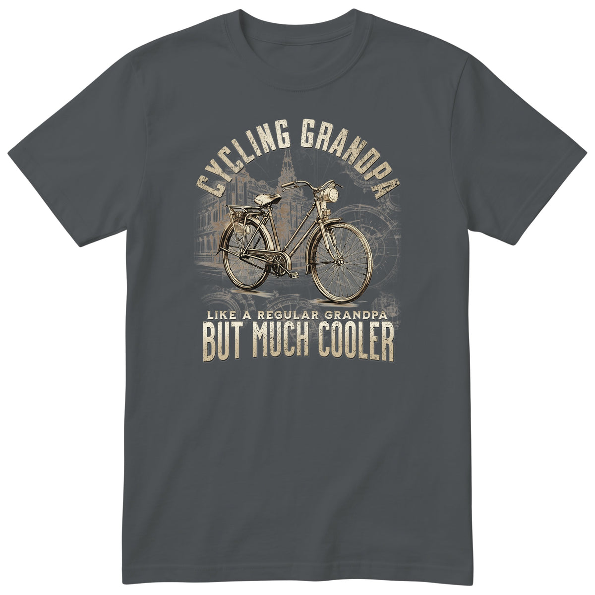 Charcoal Vintage Bike Cycling Grandpa Shirt t-shirt - old town bike with a front lamp and a rear rack, warm sepia tones, gift for grandpa