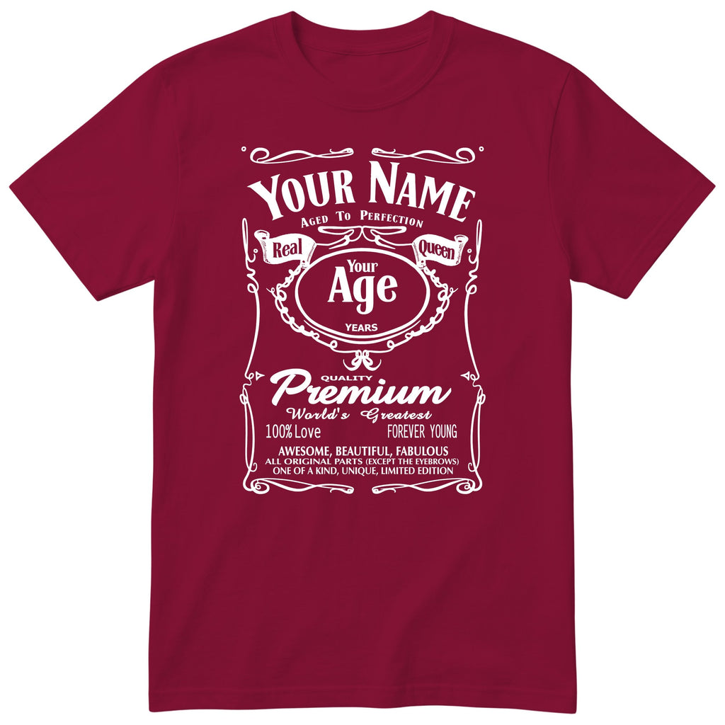 Burgundy unisex T-shirt with personalised Real Queen name and age retro label printed on the front