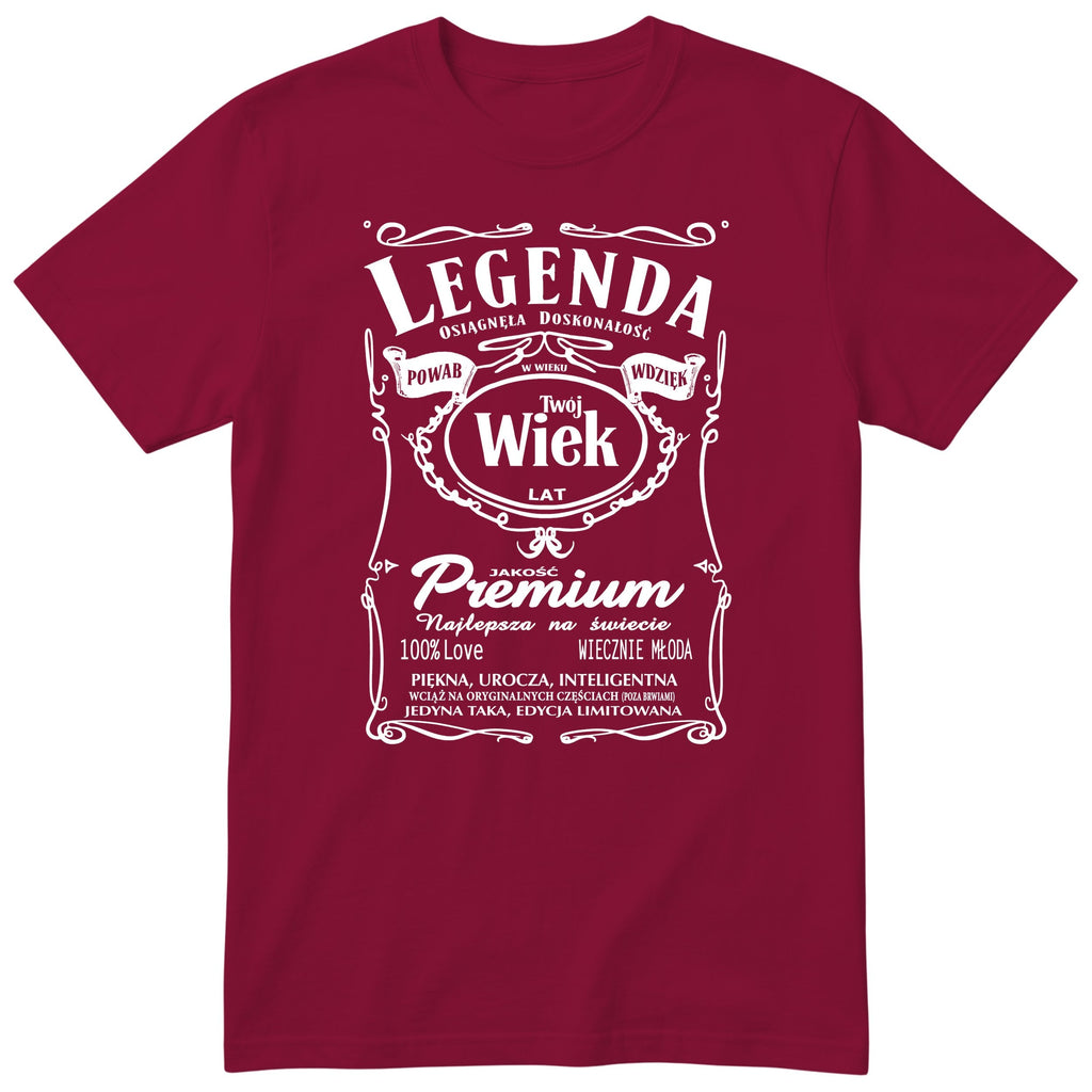 Bordowa personalizowana koszulka „Legenda Powab Wdzięk" z Twoim wiekiem - prezent dla mamy, siostry lub żony