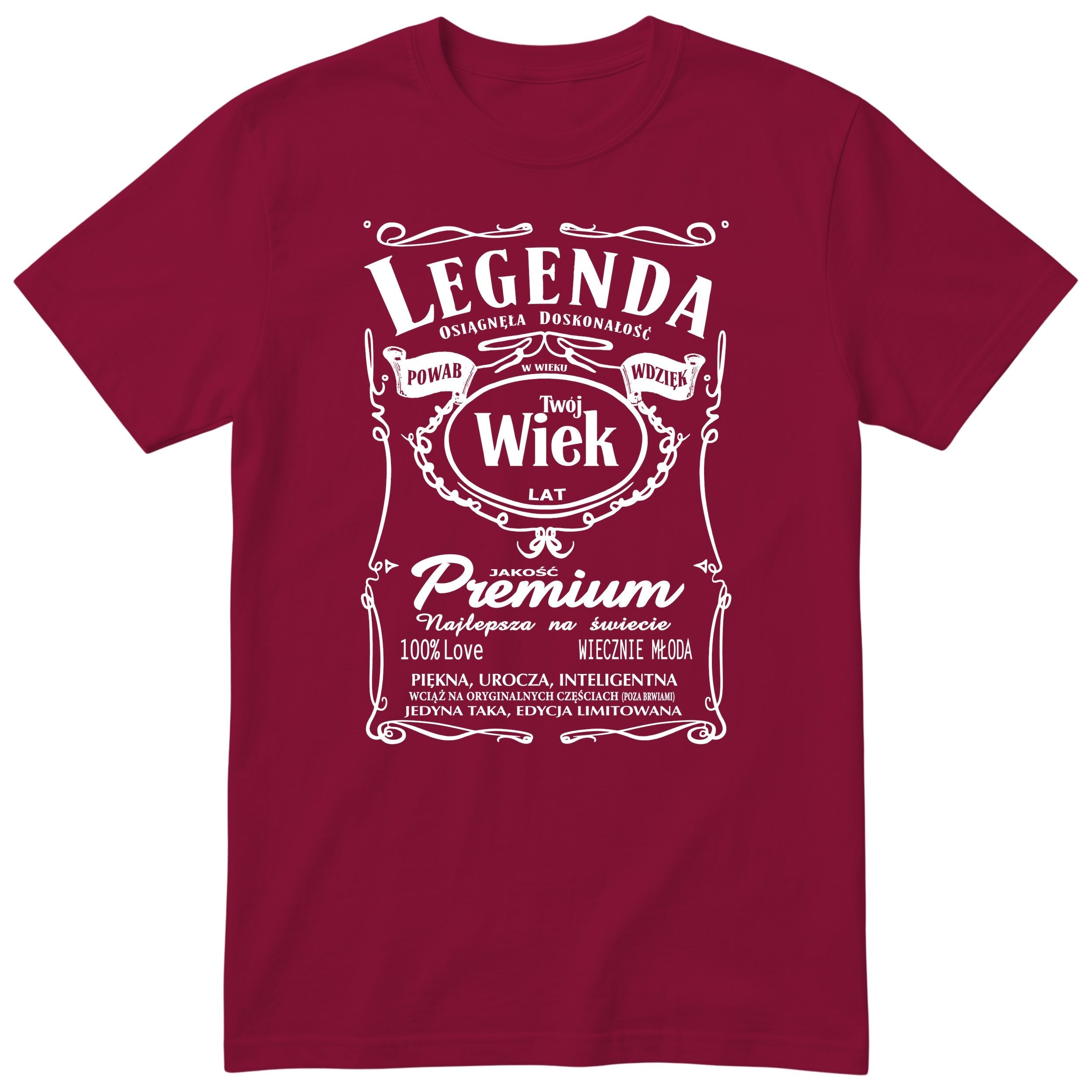 Bordowa personalizowana koszulka „Legenda Powab Wdzięk" z Twoim wiekiem - prezent dla mamy, siostry lub żony