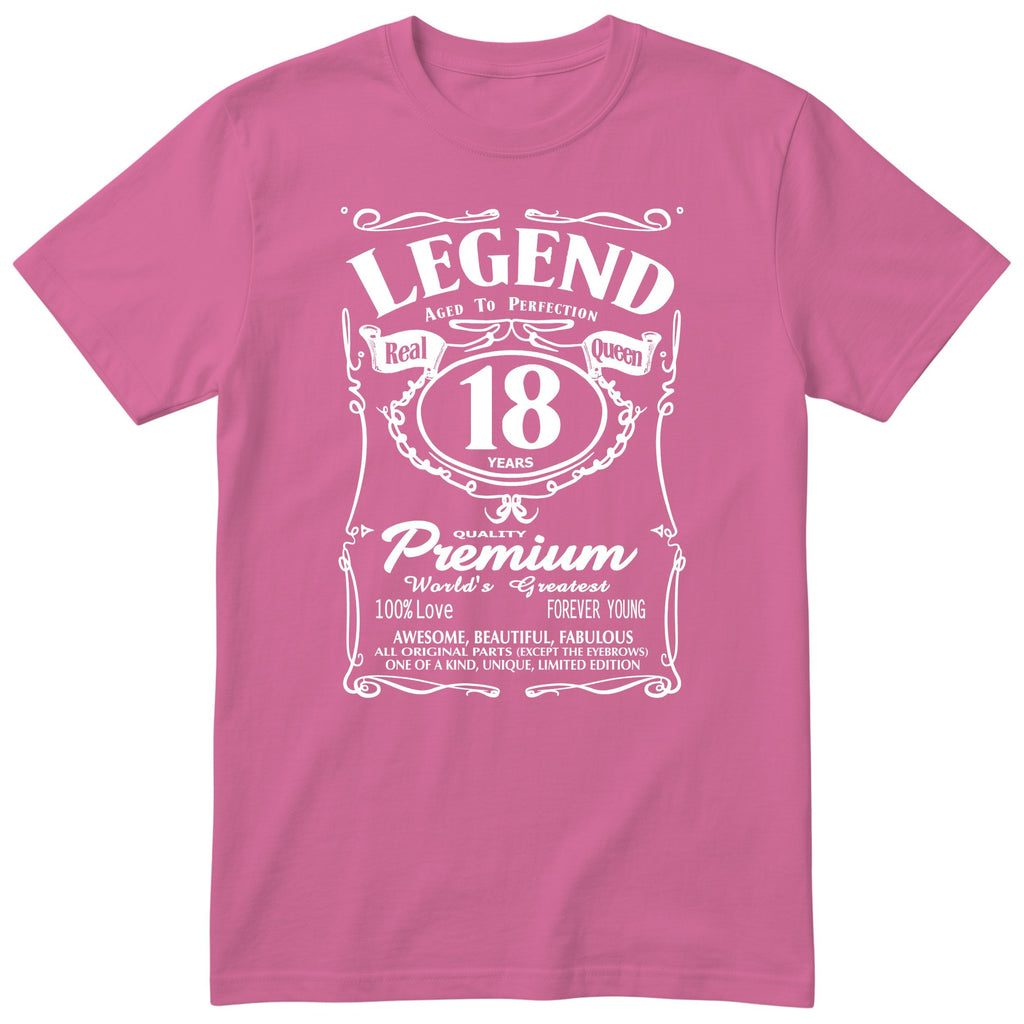 Legend Real Queen 18th birthday t-shirt for women on pink Gildan 64000 vintage label