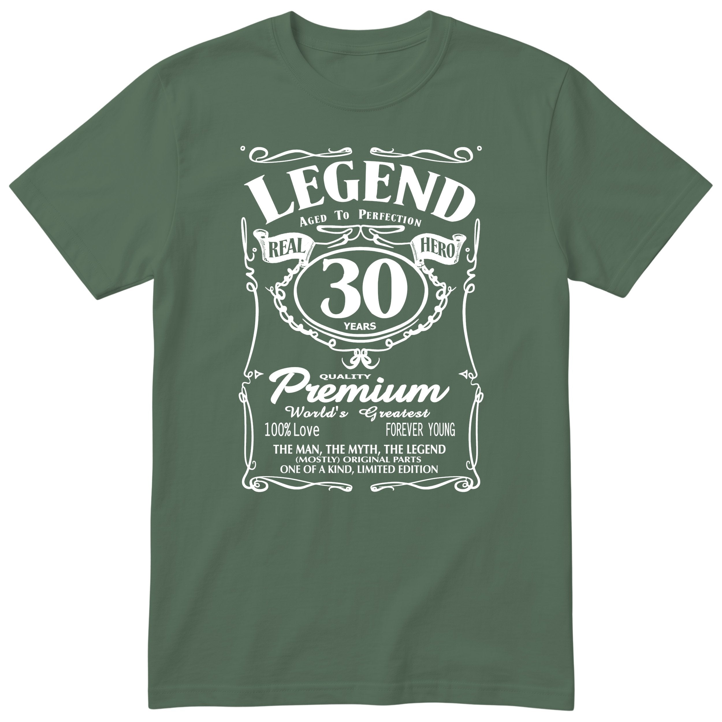 Legend 30th Birthday T-Shirt - Retro Label Gift for Him - Olive