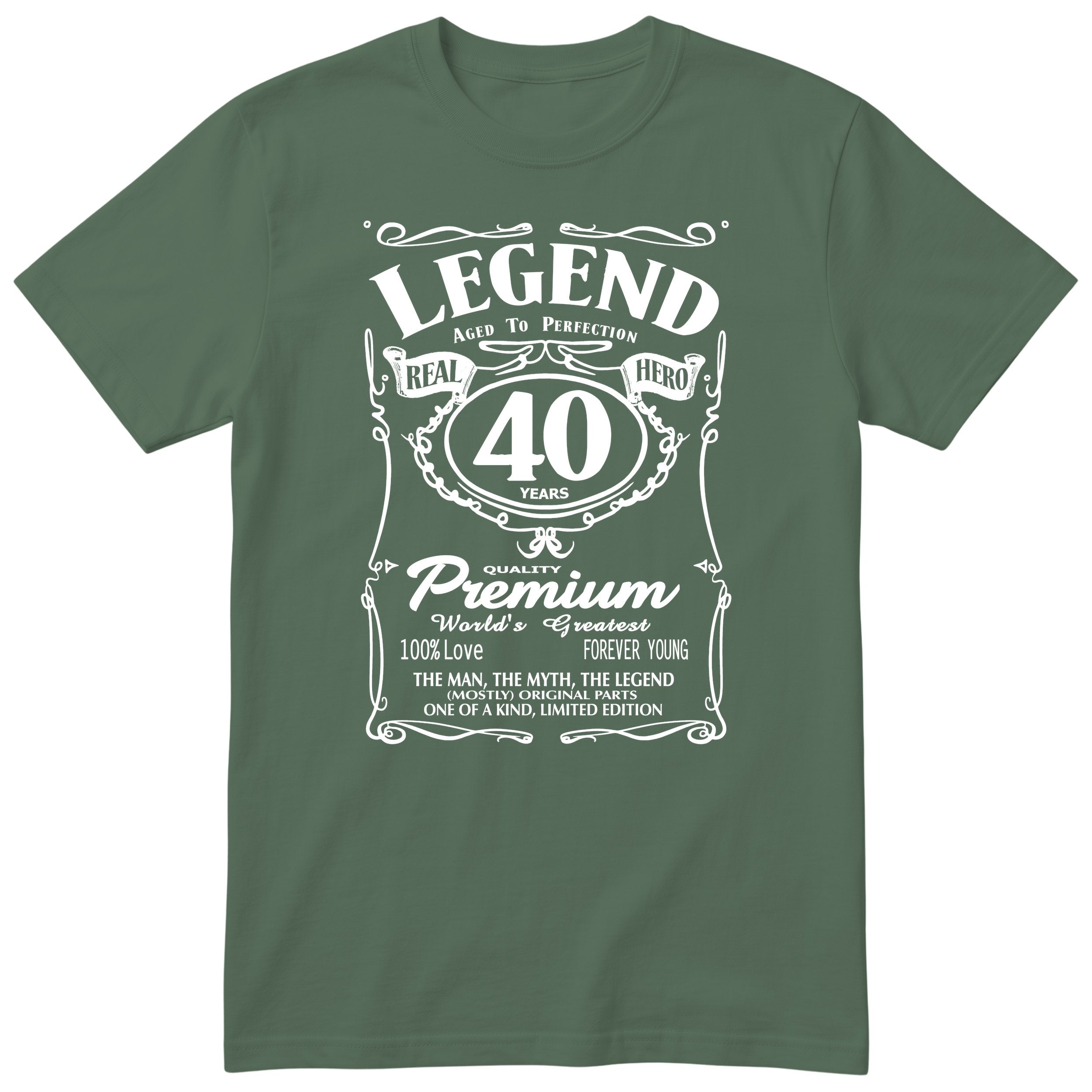 Legend 40th Birthday T-Shirt - Retro Label Gift for Him - Olive