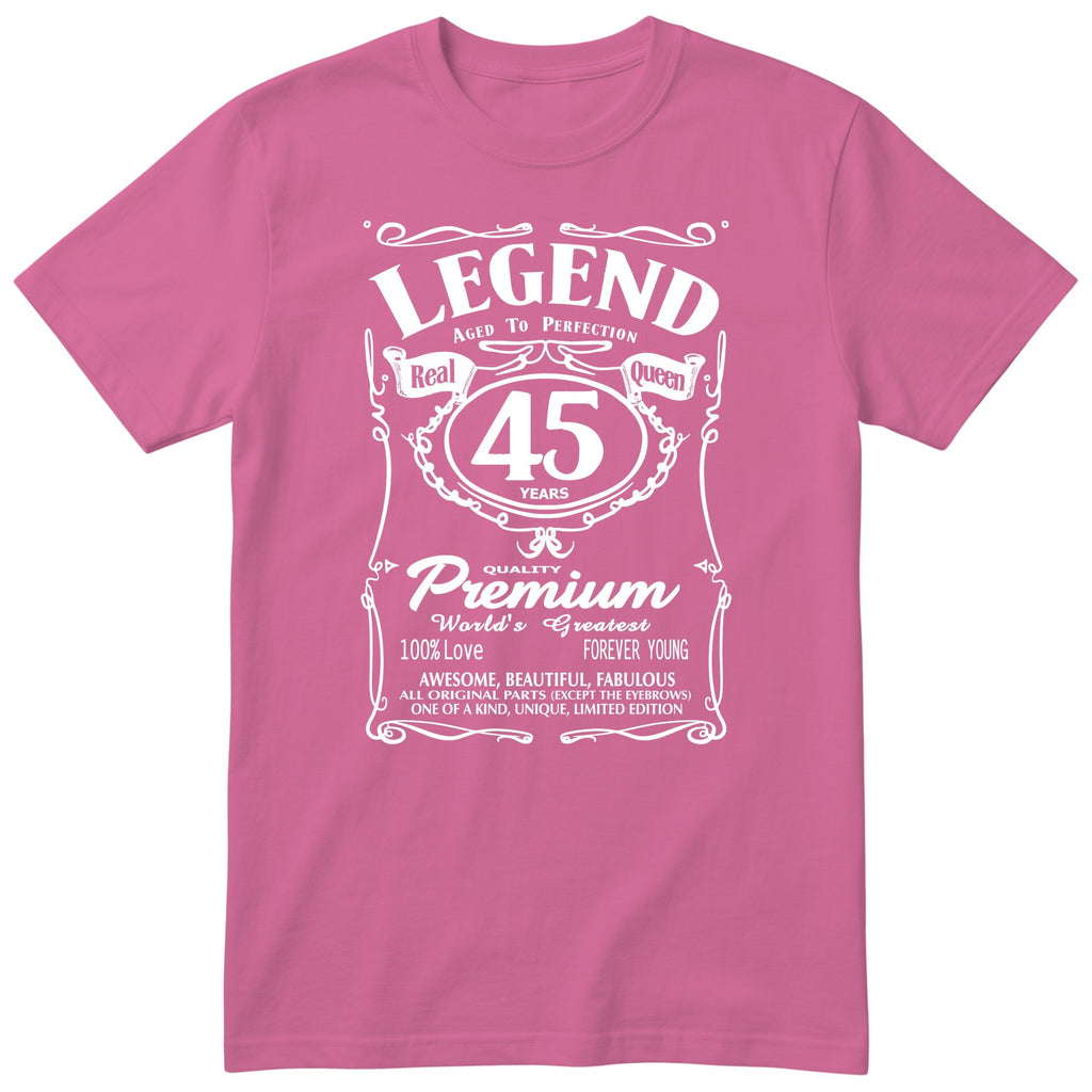 Legend Real Queen 45th birthday t-shirt for women in pink - Gildan 64000 vintage label