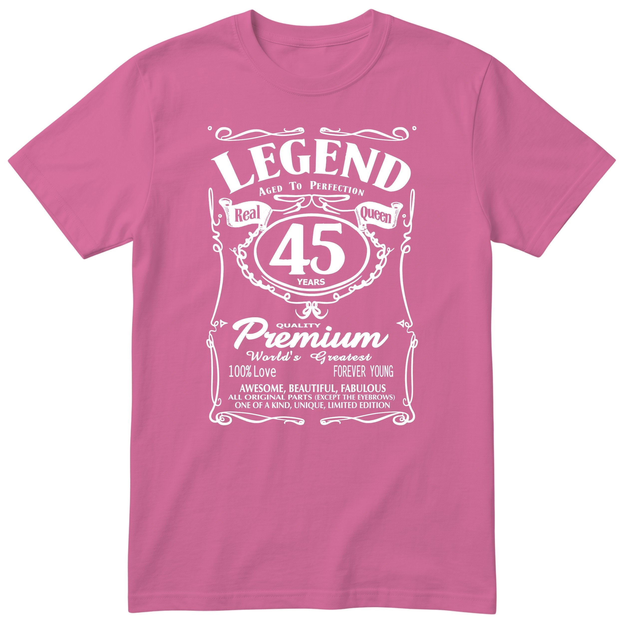 Legend Real Queen 45th birthday t-shirt for women in pink - Gildan 64000 vintage label