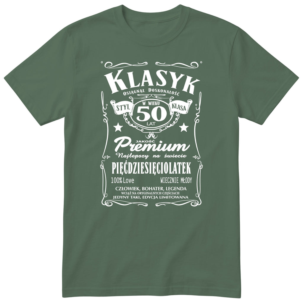 Śmieszna polska koszulka urodzinowa na 50 lat dla mężczyzny - vintage label design Klasyk Człowiek Bohater Legenda