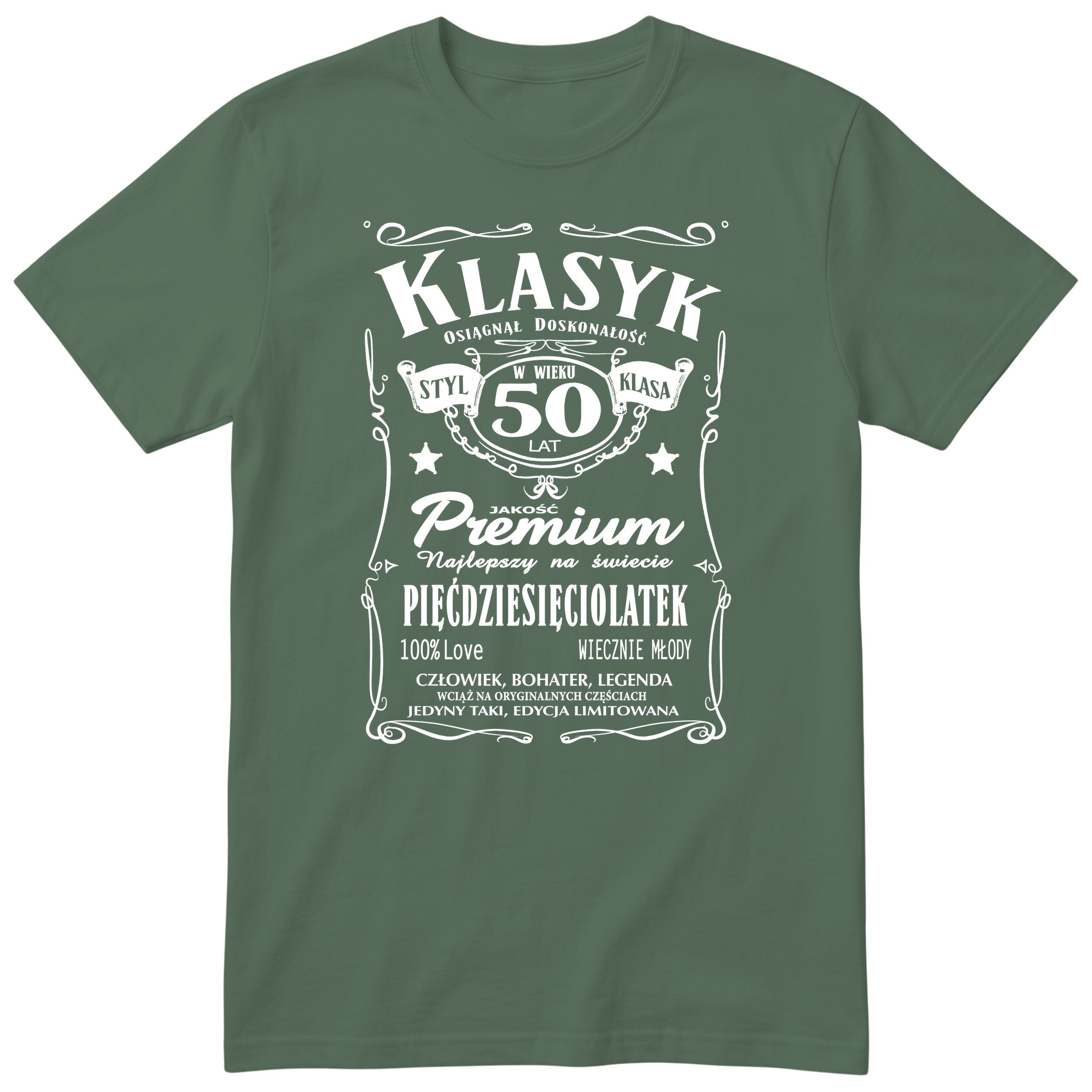 Śmieszna polska koszulka urodzinowa na 50 lat dla mężczyzny - vintage label design Klasyk Człowiek Bohater Legenda
