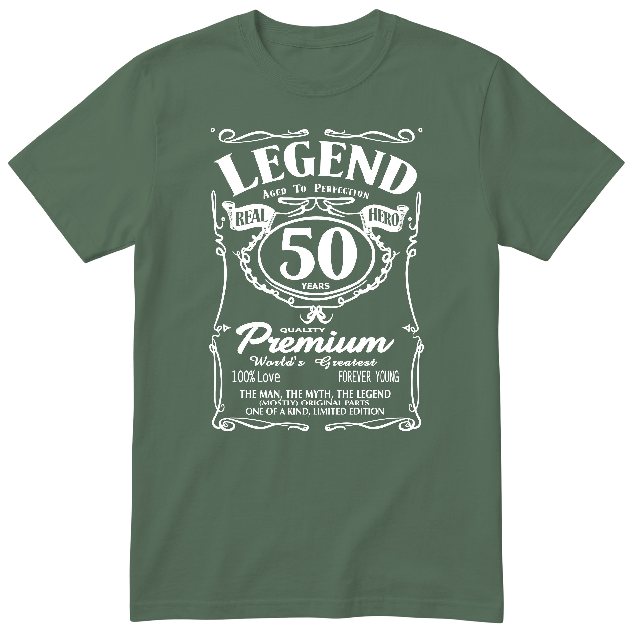 Legend 50th Birthday T-Shirt - Retro Label Gift for Him - Olive