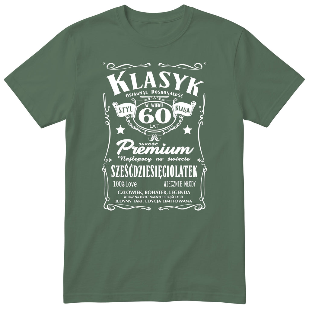 Śmieszna polska koszulka urodzinowa na 60 lat dla mężczyzny - vintage label design Klasyk Człowiek Bohater Legenda