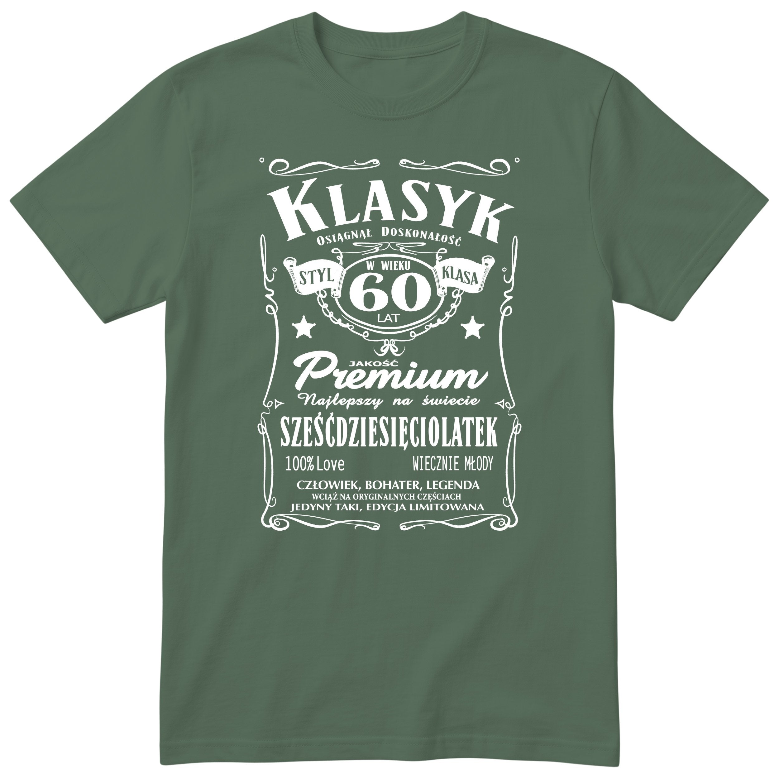 Śmieszna polska koszulka urodzinowa na 60 lat dla mężczyzny - vintage label design Klasyk Człowiek Bohater Legenda