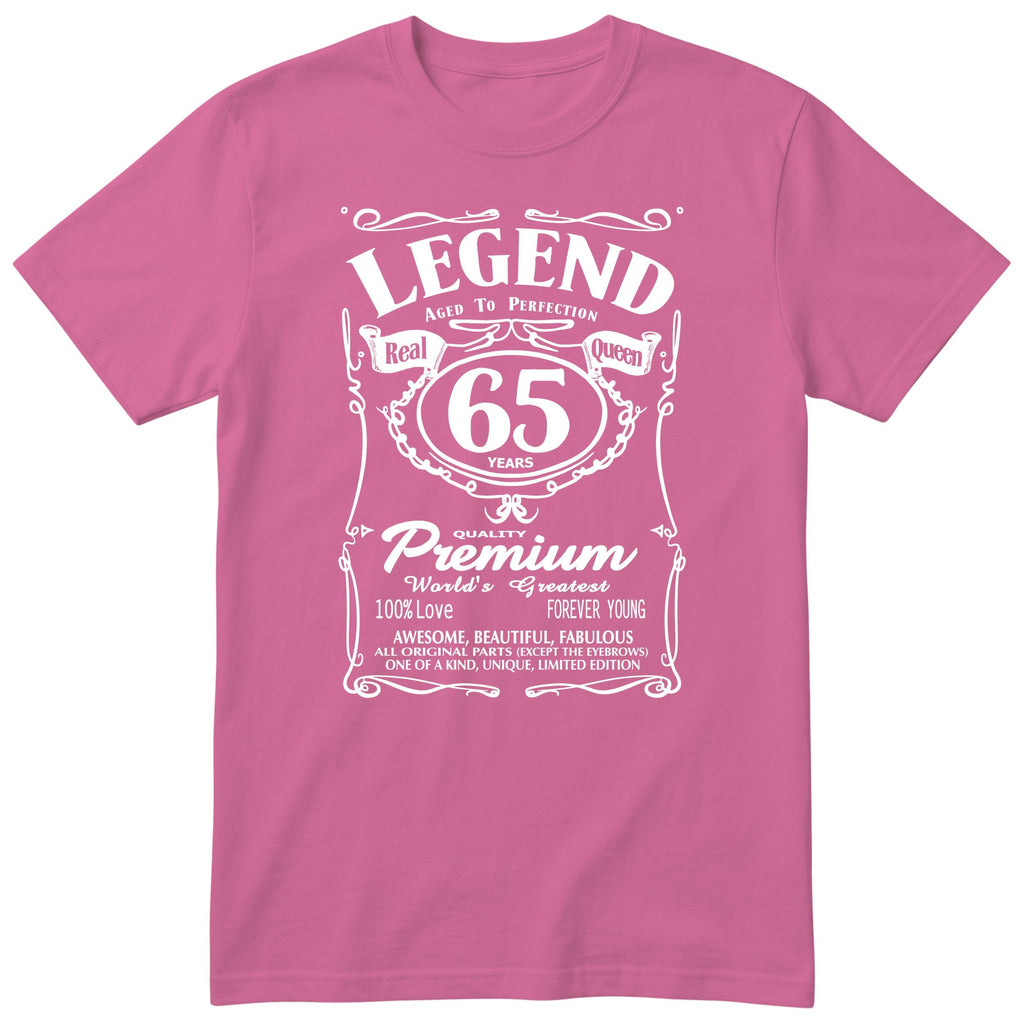 Legend Real Queen 65th birthday t-shirt for women in pink - Gildan 64000 vintage label