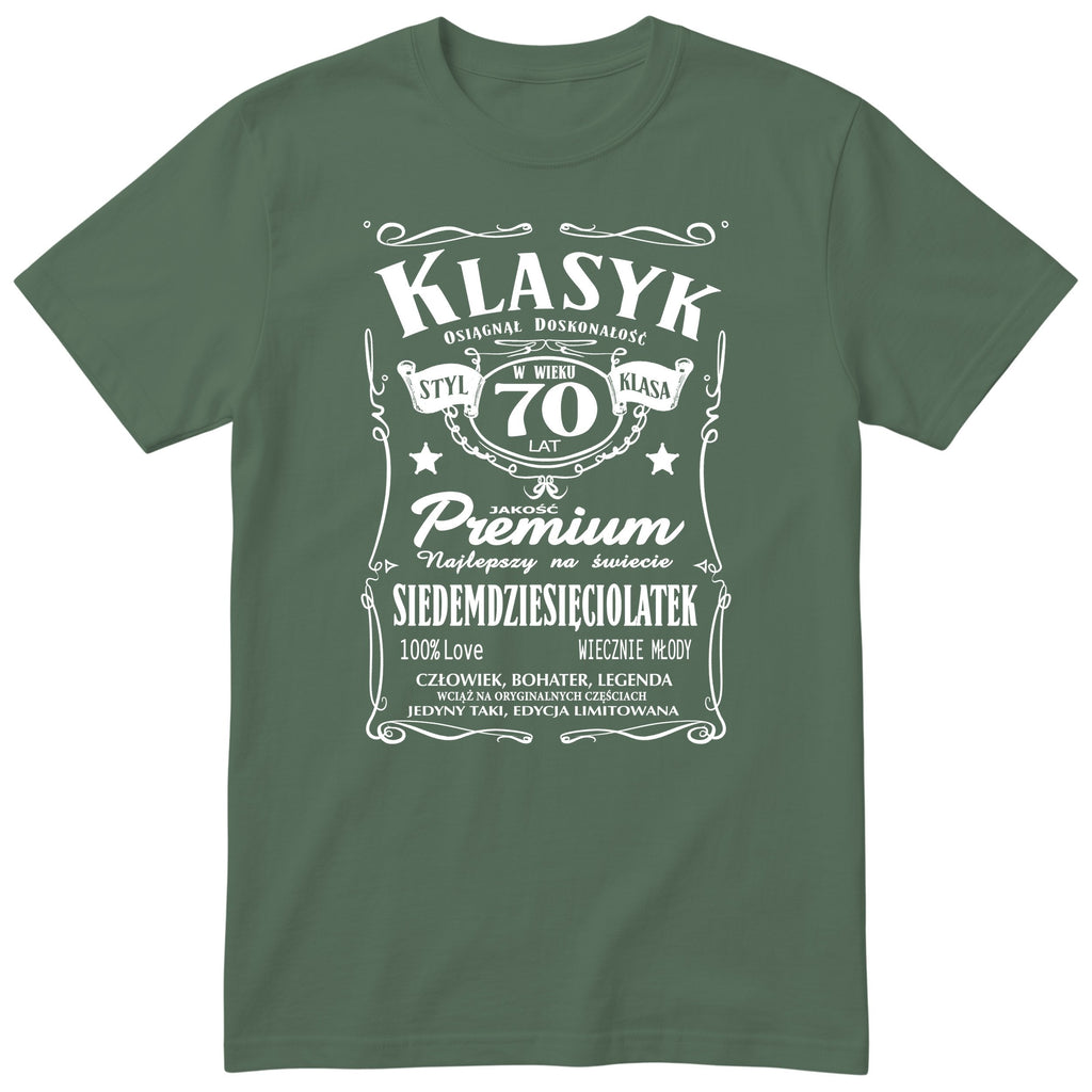 Śmieszna polska koszulka urodzinowa na 70 lat dla mężczyzny - vintage label design Klasyk Człowiek Bohater Legenda