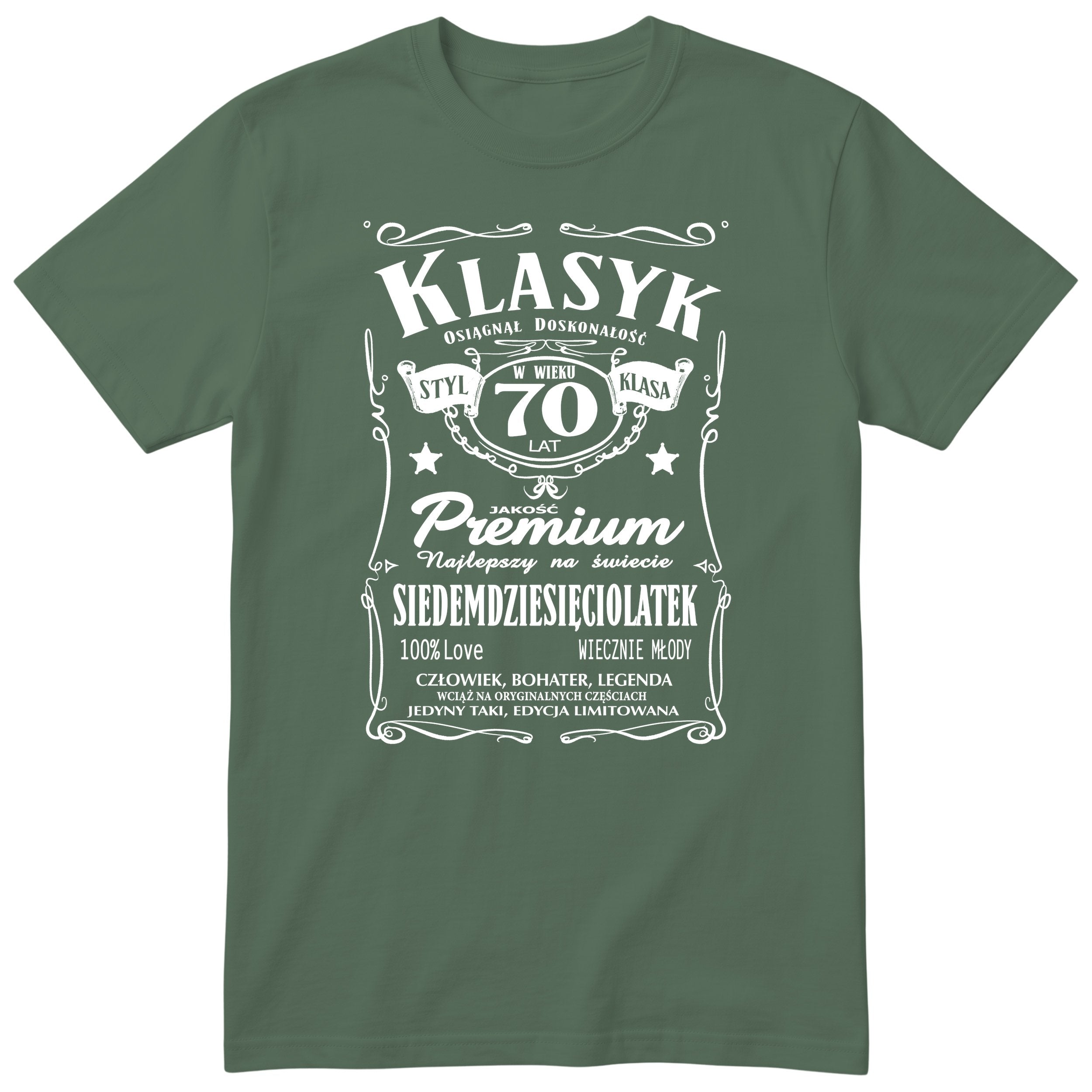 Śmieszna polska koszulka urodzinowa na 70 lat dla mężczyzny - vintage label design Klasyk Człowiek Bohater Legenda
