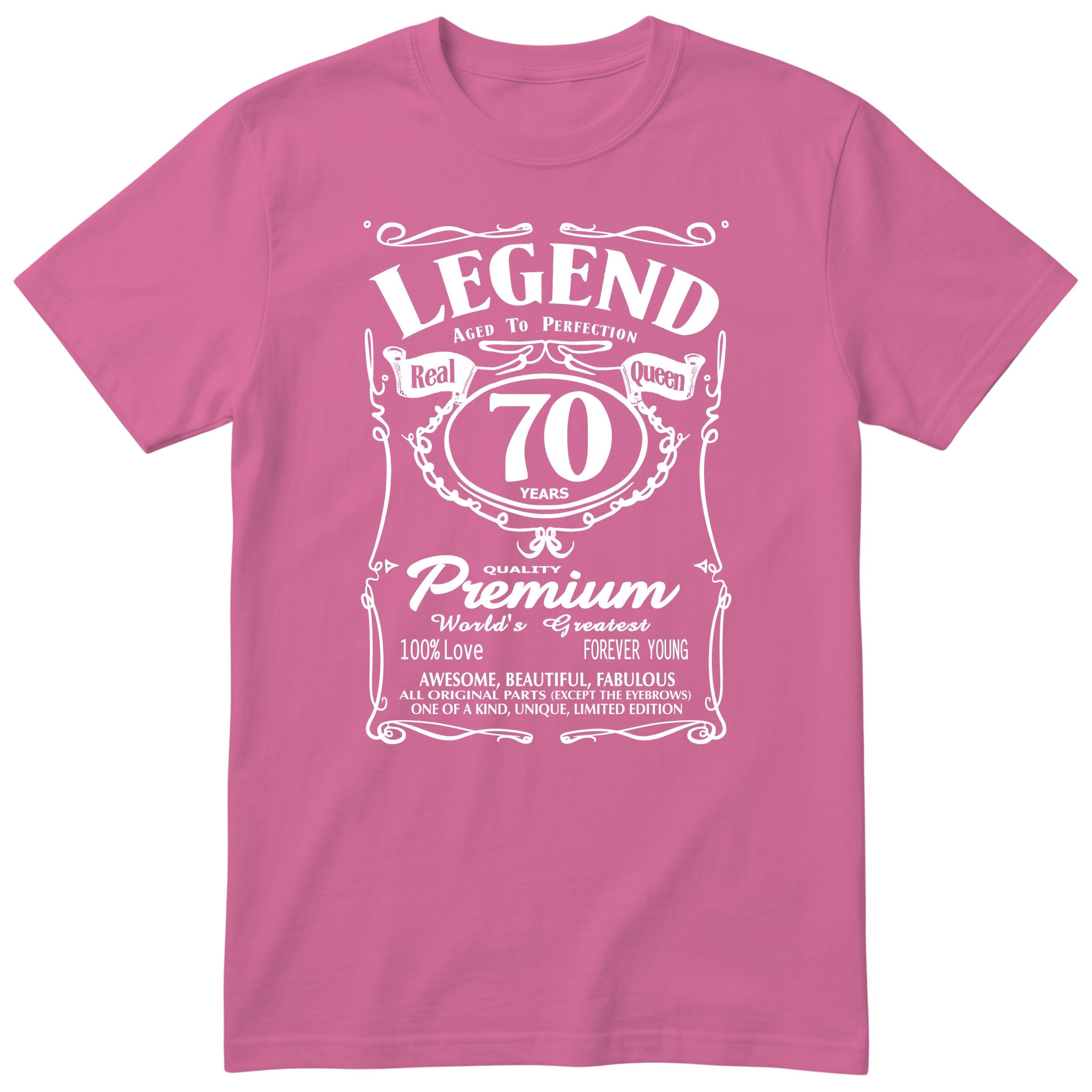 Legend Real Queen 70th birthday t-shirt for women in pink - Gildan 64000 vintage label