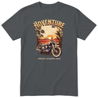 Charcoal Adventure Sunday Morning Ride motorcycle t-shirt - vintage motorcycle by the sea at sunrise, palm trees and birds, gift for a biker