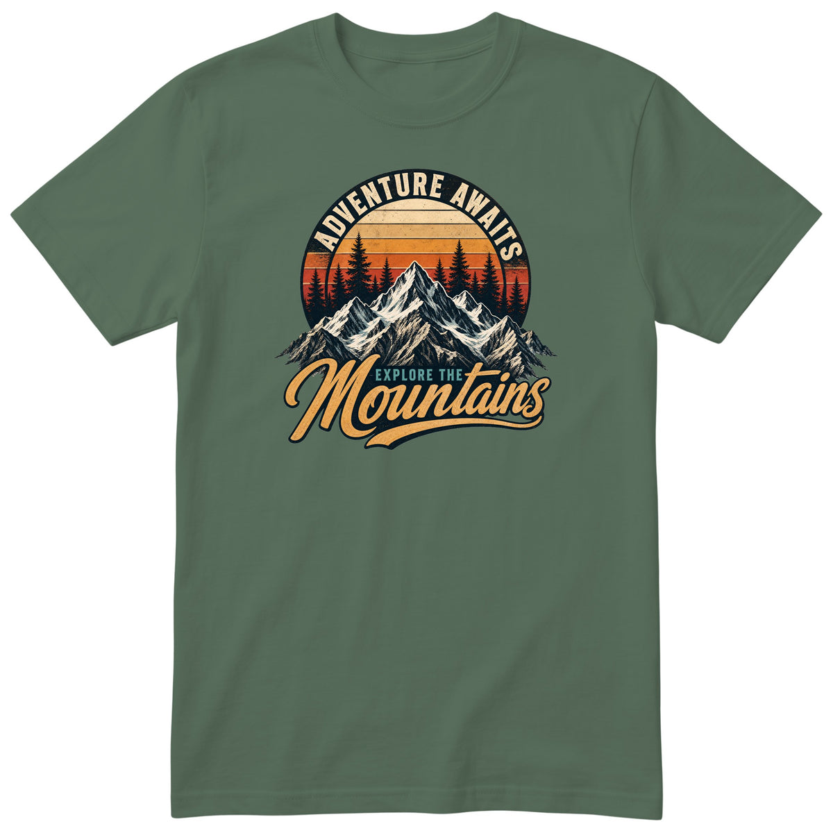 Olive Adventure Awaits t-shirt - retro mountain hiking print, GitGraf