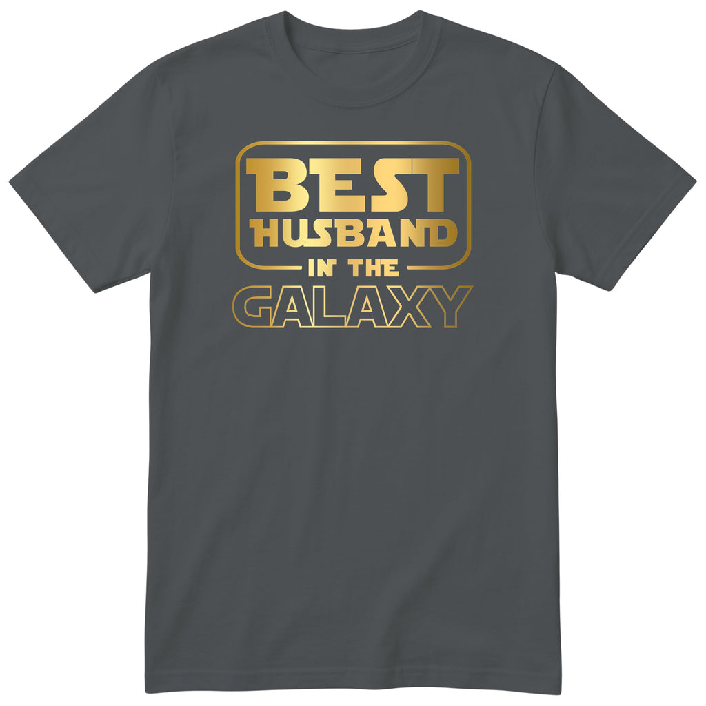 Charcoal Best Husband In The Galaxy t-shirt with gold space-age lettering - anniversary gift for husband from wife, English print