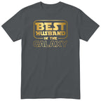 Charcoal Best Husband In The Galaxy t-shirt with gold space-age lettering - anniversary gift for husband from wife, English print
