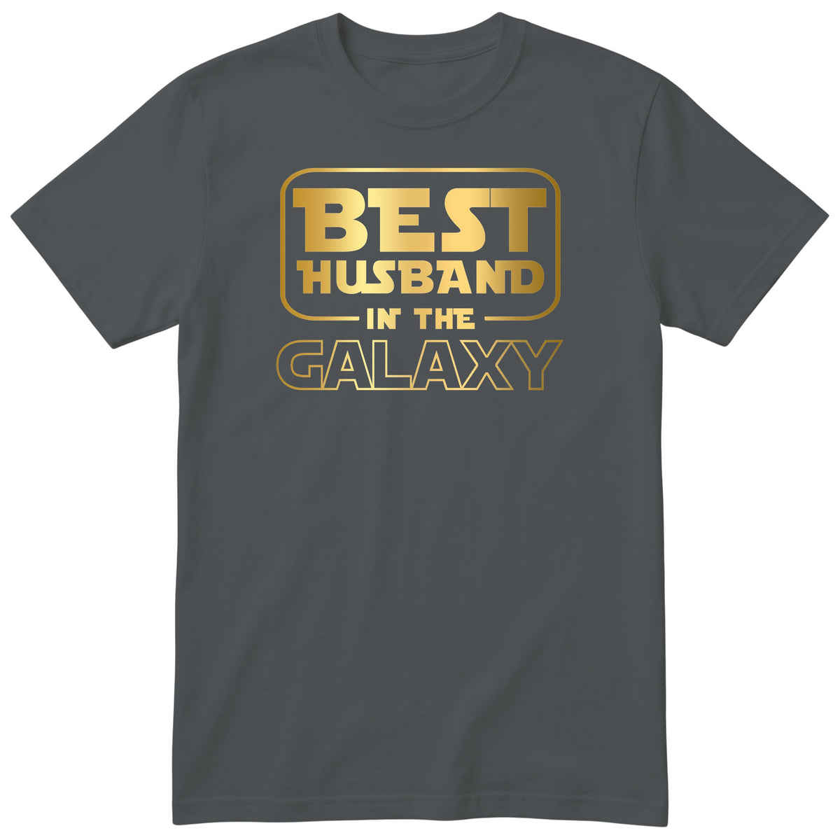Charcoal Best Husband In The Galaxy t-shirt with gold space-age lettering - anniversary gift for husband from wife, English print