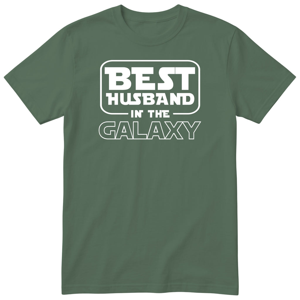 Olive Best Husband In The Galaxy t-shirt with bold space-age lettering - funny gift for husband from wife, English print
